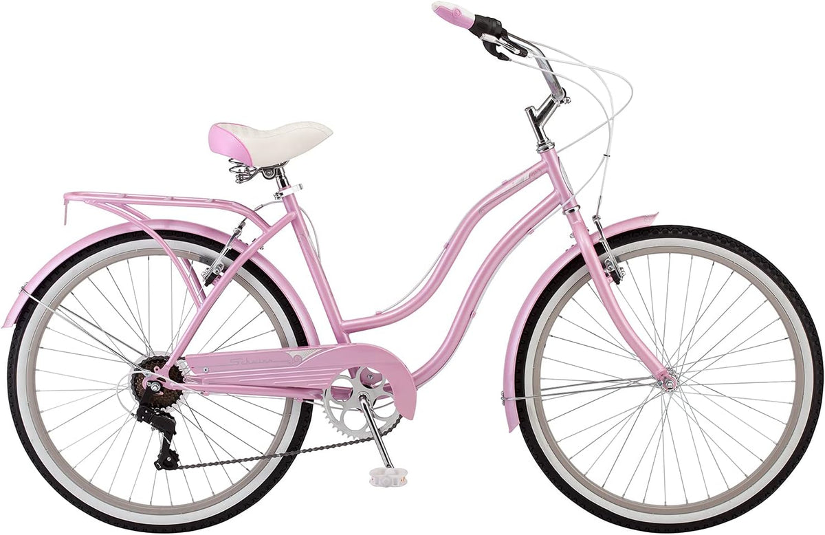 Schwinn Perla Cruiser Bike, 26 Inch Bike for Women and Men, 7-Speed Beach Cruiser Bicycle, Linear Pull Brakes, Comfortable Quilted Seat, Upright Riding Position, Adult Bicycle
