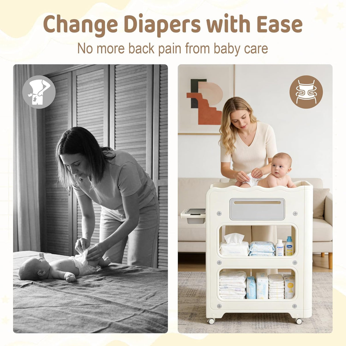 Baby Changing Table, with Lockable Wheels Foldable Portable Diaper Station, Waterproof Nursery Unit for Newborn Infant Essentials Storage Baskets & Cradle Travel-Friendly Easy-Clean Surface Compact