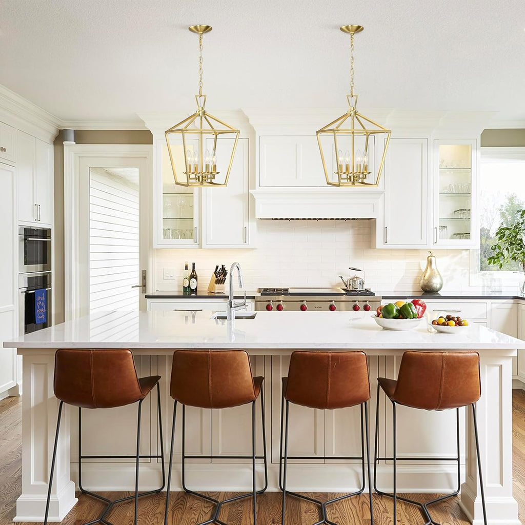 Untrammelife Gold Lantern Chandelier 4-Light Pendant Light Modern Hanging Pendant Light Fixtures in Brushed Brass Finish, Adjustable Metal Chain Geometric Chandelier for Kitchen Island Stair Foyer