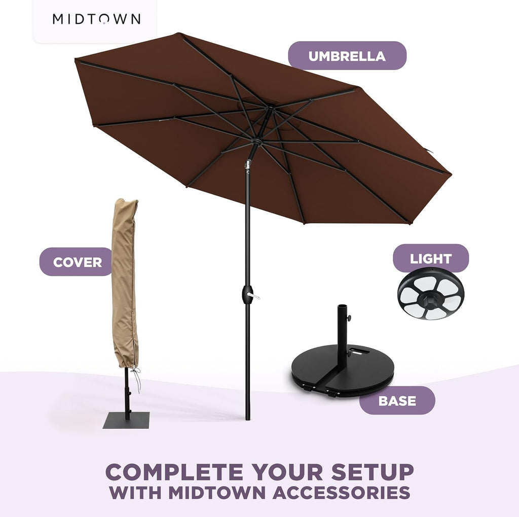 Midtown Umbrellas - The Lean 9 Ft Patio Umbrella with Fade-Resistant Sunbrella Fabric, Auto-Tilt Aluminum Frame and 8 Reinforced Ribs for Deck, Pool & Garden - Bay Brown Canopy, Black Pole
