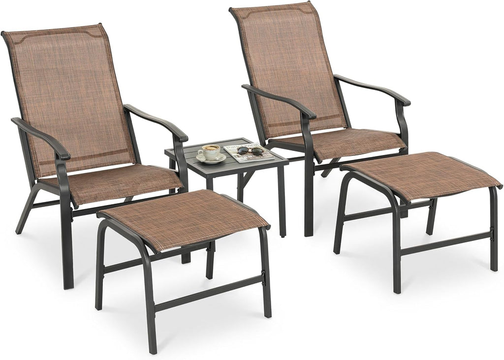 NUU GARDEN Patio Chaise Lounge Set of 3, 2 Textilene Patio Lounge Chairs with Ottoman and 1 Slatted Side Table, All-Weather Outdoor Set for Balcony Deck Yard Poolside, Black and Brown