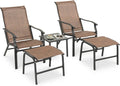 NUU GARDEN Patio Chaise Lounge Set of 3, 2 Textilene Patio Lounge Chairs with Ottoman and 1 Slatted Side Table, All-Weather Outdoor Set for Balcony Deck Yard Poolside, Black and Brown