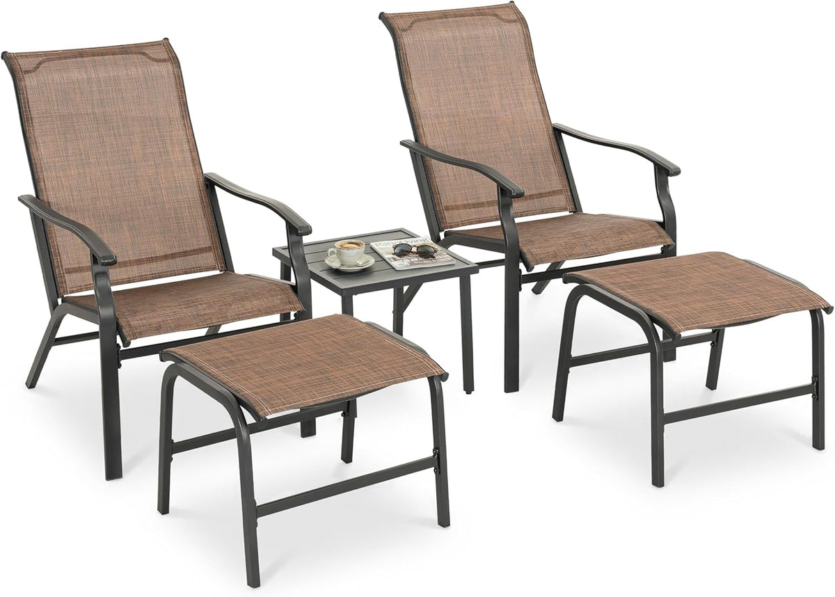 NUU GARDEN Patio Chaise Lounge Set of 3, 2 Textilene Patio Lounge Chairs with Ottoman and 1 Slatted Side Table, All-Weather Outdoor Set for Balcony Deck Yard Poolside, Black and Brown