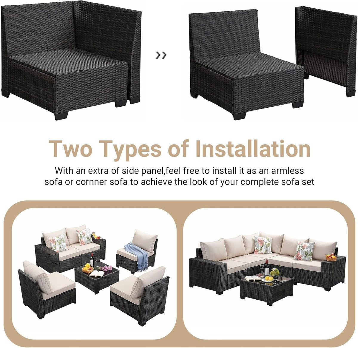 Patio Furniture Set, 6 Pieces Outdoor Couch Sofa with Wider Armrests & Glass Coffee Table, Outdoor Sectional Furniture with Thick Cushions for Party, Poolside,Garden-Beige