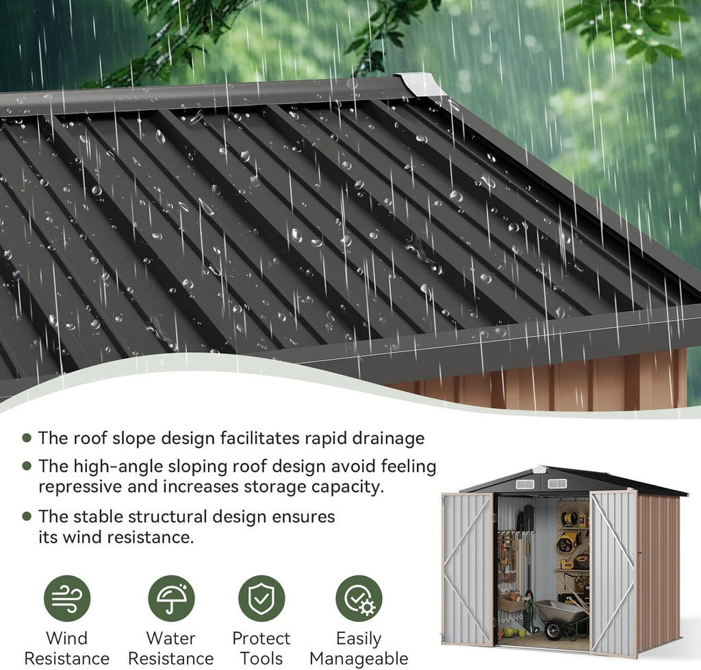Aoxun 6.2x4 FT Shed Outdoor Storage Shed with Lockable Doors & Slooping Roof Metal Garden Tool Shed for Backyard, Patio, Poolside (Brown)