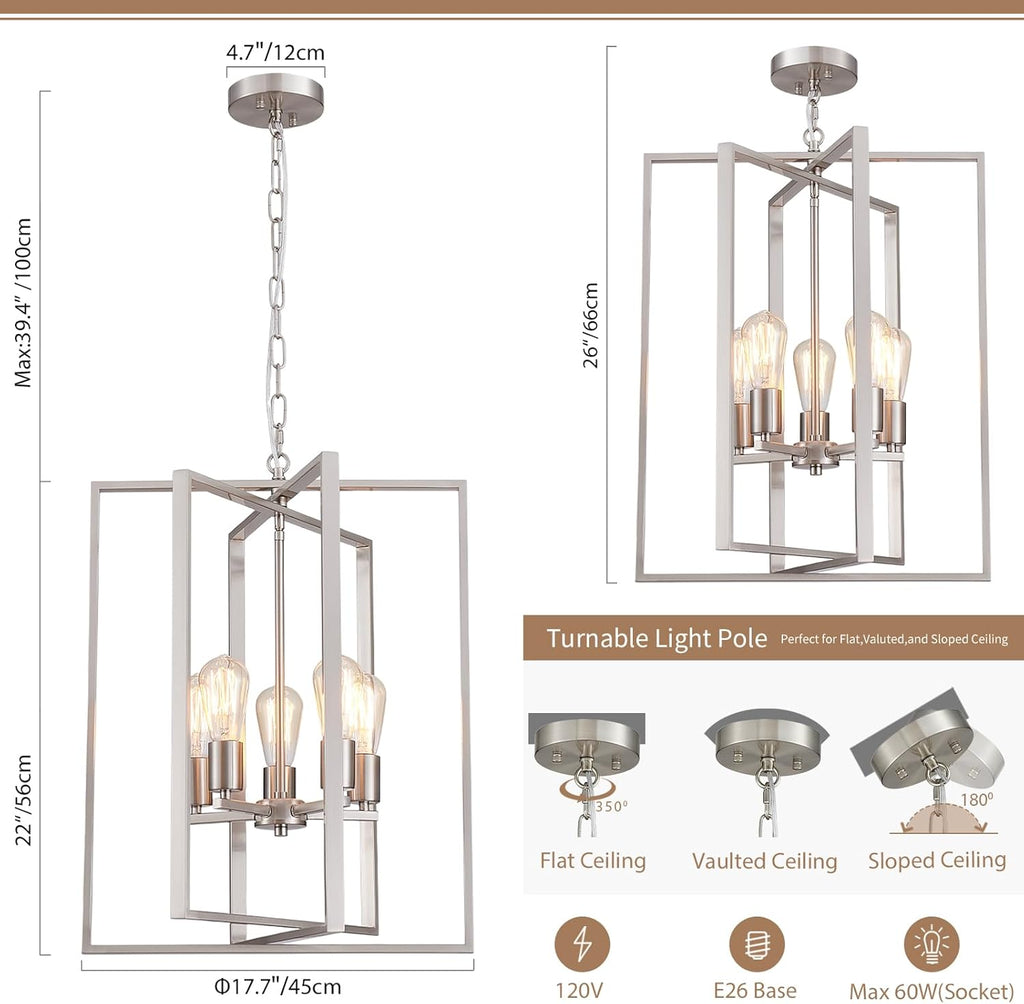 Brushed Nickel Chandelier 5-Light, Dining Room Light Fixture Geometric Metal Modern Pendant Lighting for Kitchen Island Living Room Entryway Bedroom, 18 Inch Hanging Ceiling Lamp