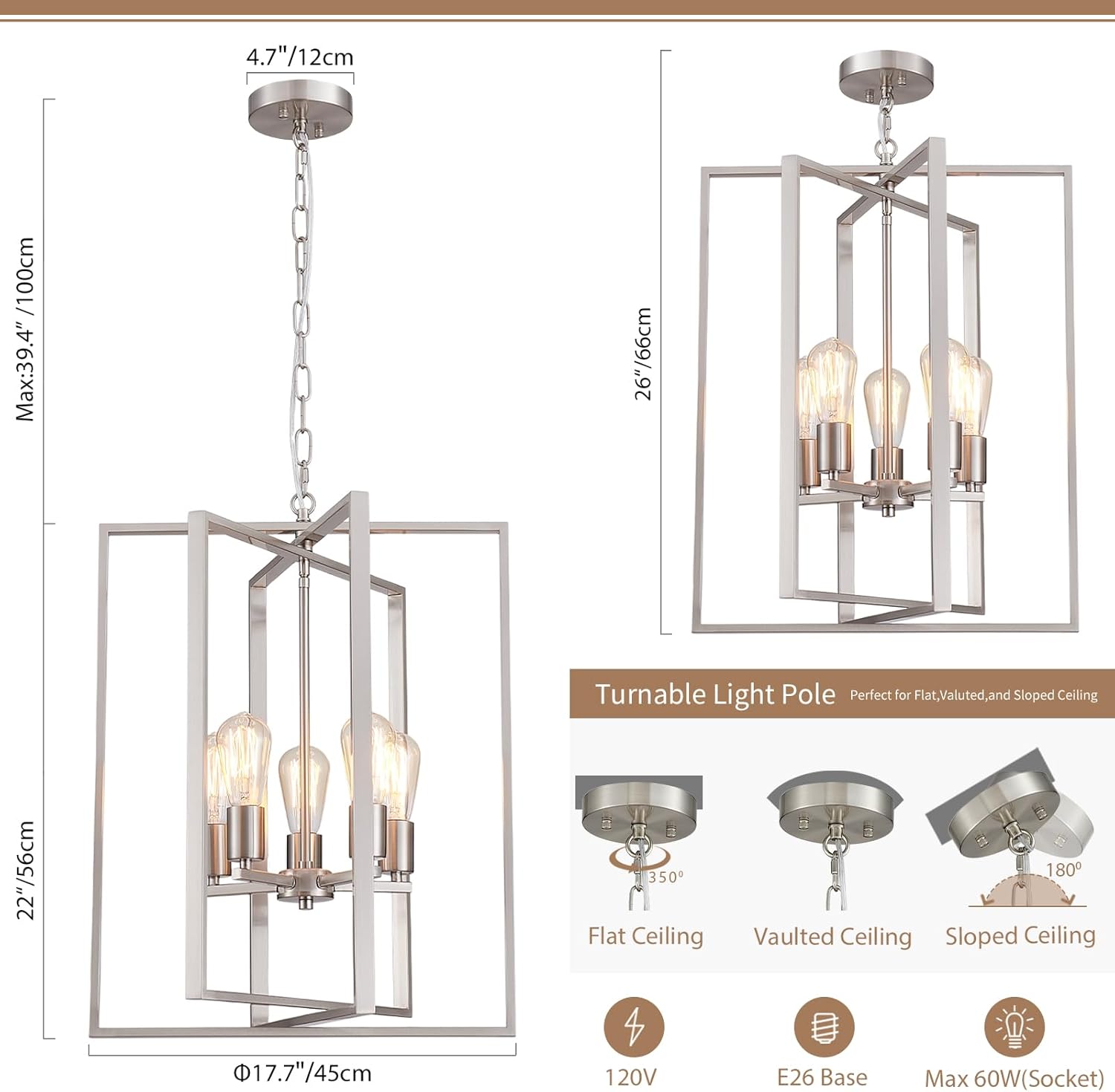 Brushed Nickel Chandelier 5-Light, Dining Room Light Fixture Geometric Metal Modern Pendant Lighting for Kitchen Island Living Room Entryway Bedroom, 18 Inch Hanging Ceiling Lamp