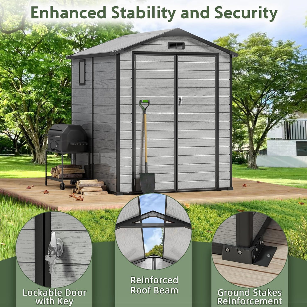 5.8x5.6 FT Plastic Outdoor Storage Shed with Transparent Roof, Easy Assembly Resin Shed with Floor & Windows Lockable Double Doors Shed for Your Backyard Garden Patio Lawn
