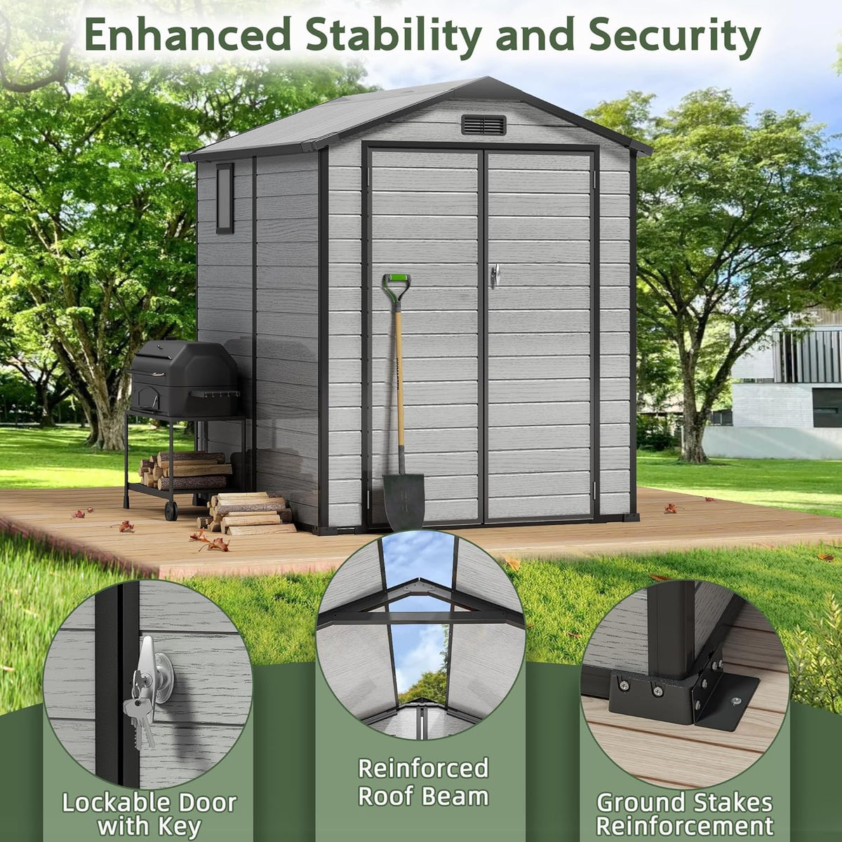 5.8x5.6 FT Plastic Outdoor Storage Shed with Transparent Roof, Easy Assembly Resin Shed with Floor & Windows Lockable Double Doors Shed for Your Backyard Garden Patio Lawn