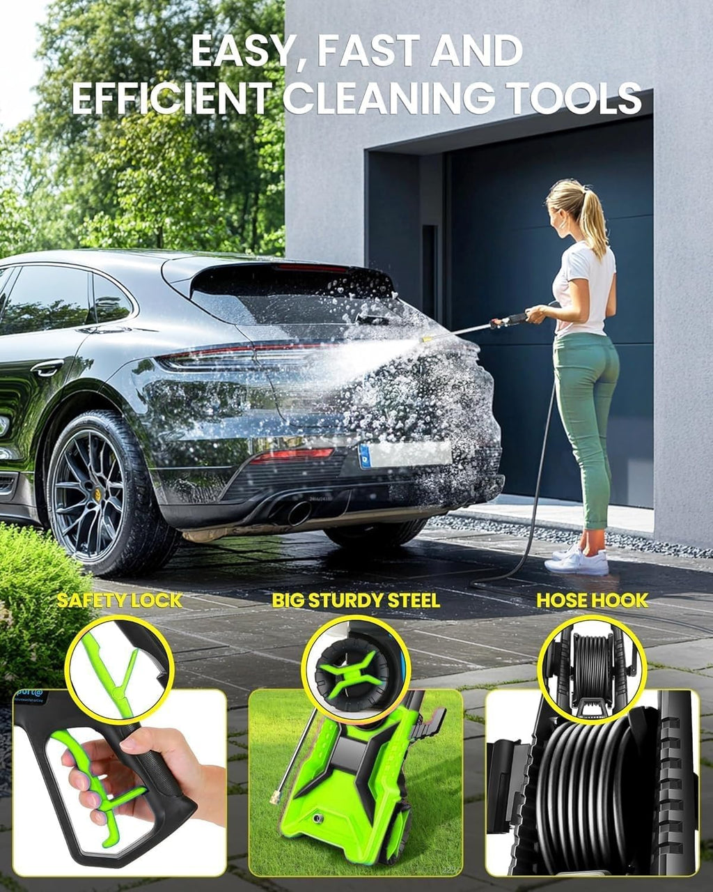 Electric Pressure Washer,5000 PSI 3.9GPM Adjustable Pressure,Power Washer Electric Powered with Foam Cannon,4 Nozzle,33FT Hose and Soap Bottle for Home/Cars/Fences (Green)