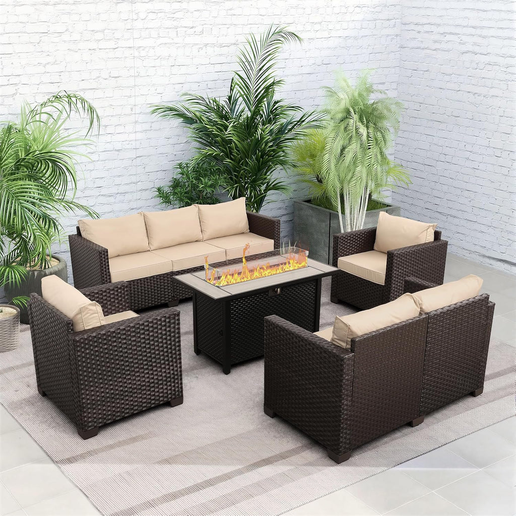 Rattaner 5-Piece Outdoor Patio Furniture 45 in Outdoor Fire Pits Patio Furniture Set 60000 BTU Outdoor Propane Fire Pit No-Slip Cushions Waterproof Covers, Khaki
