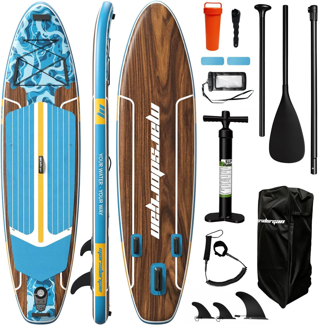 11ft Inflatable Stand Up Paddle Board, Wood Grain Ultra Lightweight SUP, 430lb Capacity for Adults Youth Family, for Fishing Surfing Camping, Includes Backpack & Pump