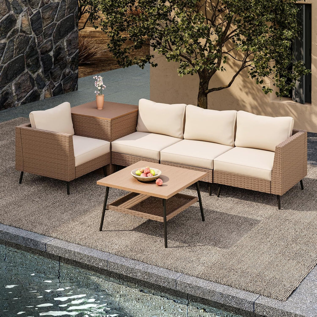 LAUSAINT HOME 6 Pieces Outdoor Patio Furniture Sets, Rattan Conversation Sectional Set with Cushions and Storage Box, Patio Sofa with Outdoor Table