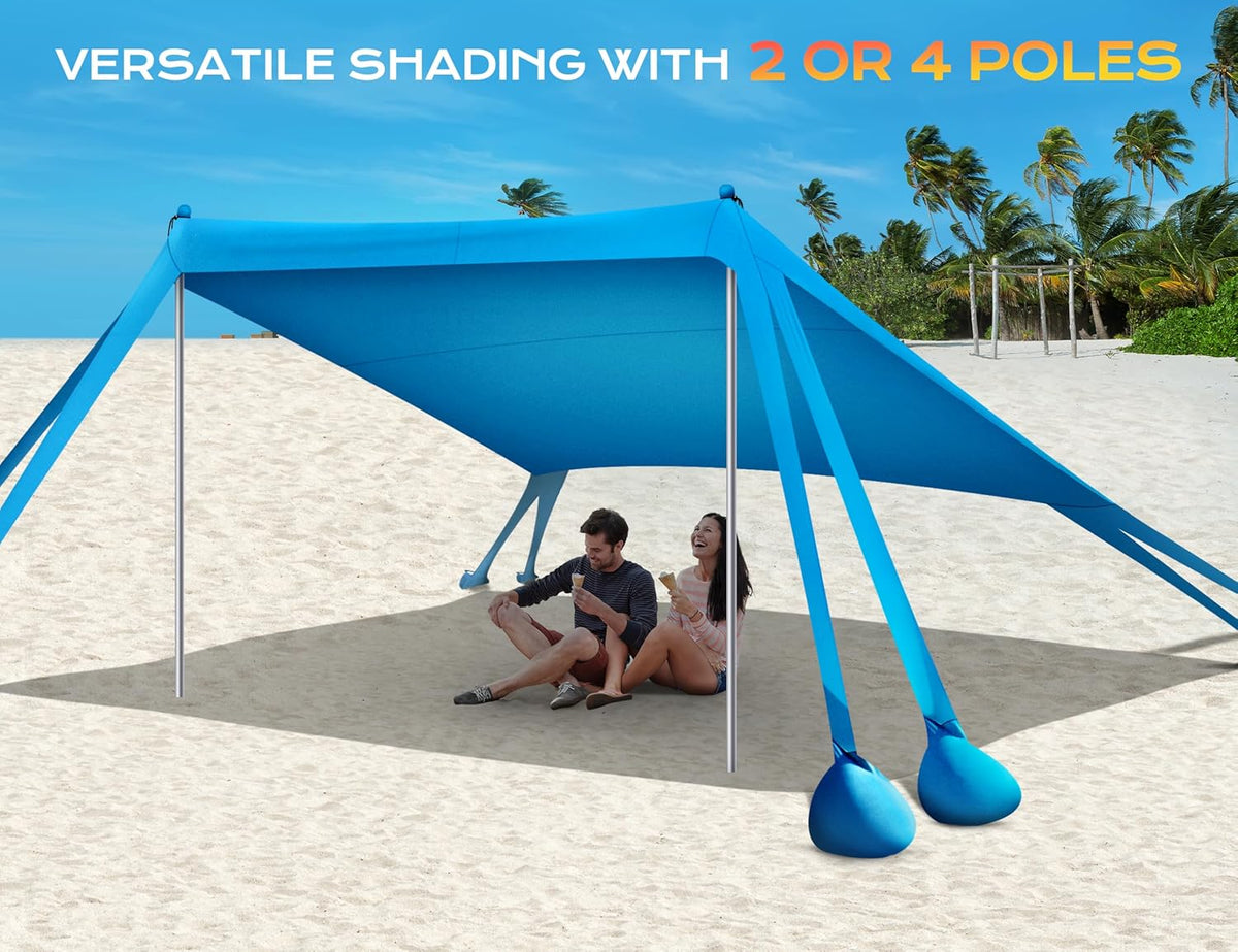 Rengue Beach Tent, Beach Canopy UPF50+ UV Protection, 10x10ft Beach Shade Sun Shelter with 8 Sandbags, Sand Shovels, Ground Pegs, Stability Poles for Camping, Fishing, Picnics, Backyard Fun, Sky Blue