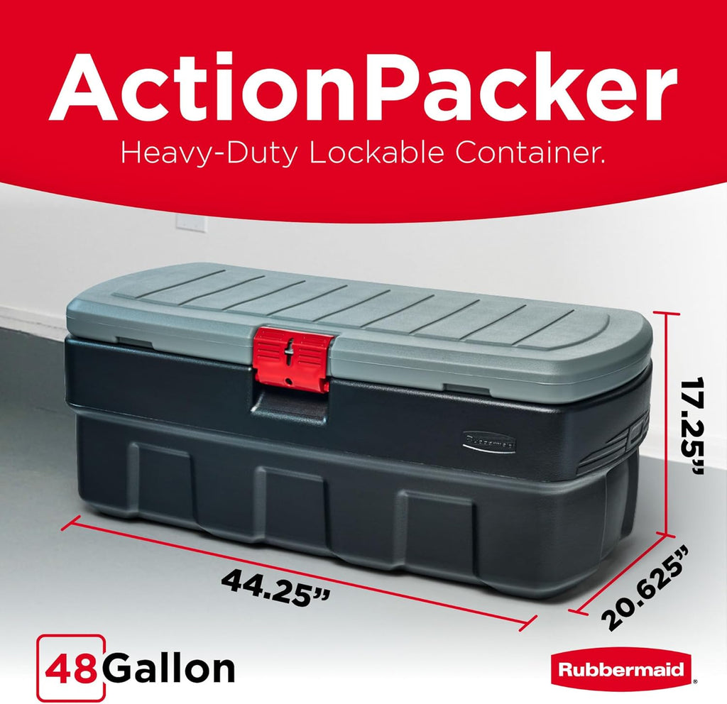 Rubbermaid 48 Gallon Black Action Packer Lockable Latch Indoor and Outdoor Storage Box Container for Home, Garage, Backyard, Single