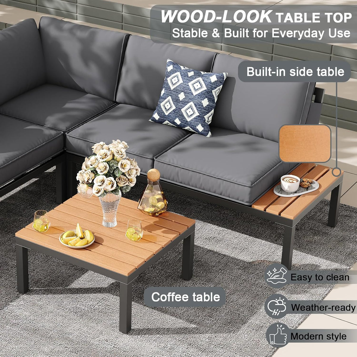 5-Person Outdoor Patio Furniture Set, Durable Metal Frame Outdoor Sectional with Wood-Look Table & Waterproof Cushions, All-Weather Conversation Set for Garden, Balcony, Poolside-Grey