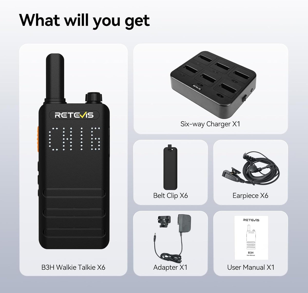 (3nd Gen RT22) Retevis B3H Walkie Talkies for Adults-Ultra Slim, with Earpiece, 6 Way Multi Unit Charger, 1620 mAh, LED Display, Business Portable FRS Two-Way Radios for Retail Store (6 Pack)