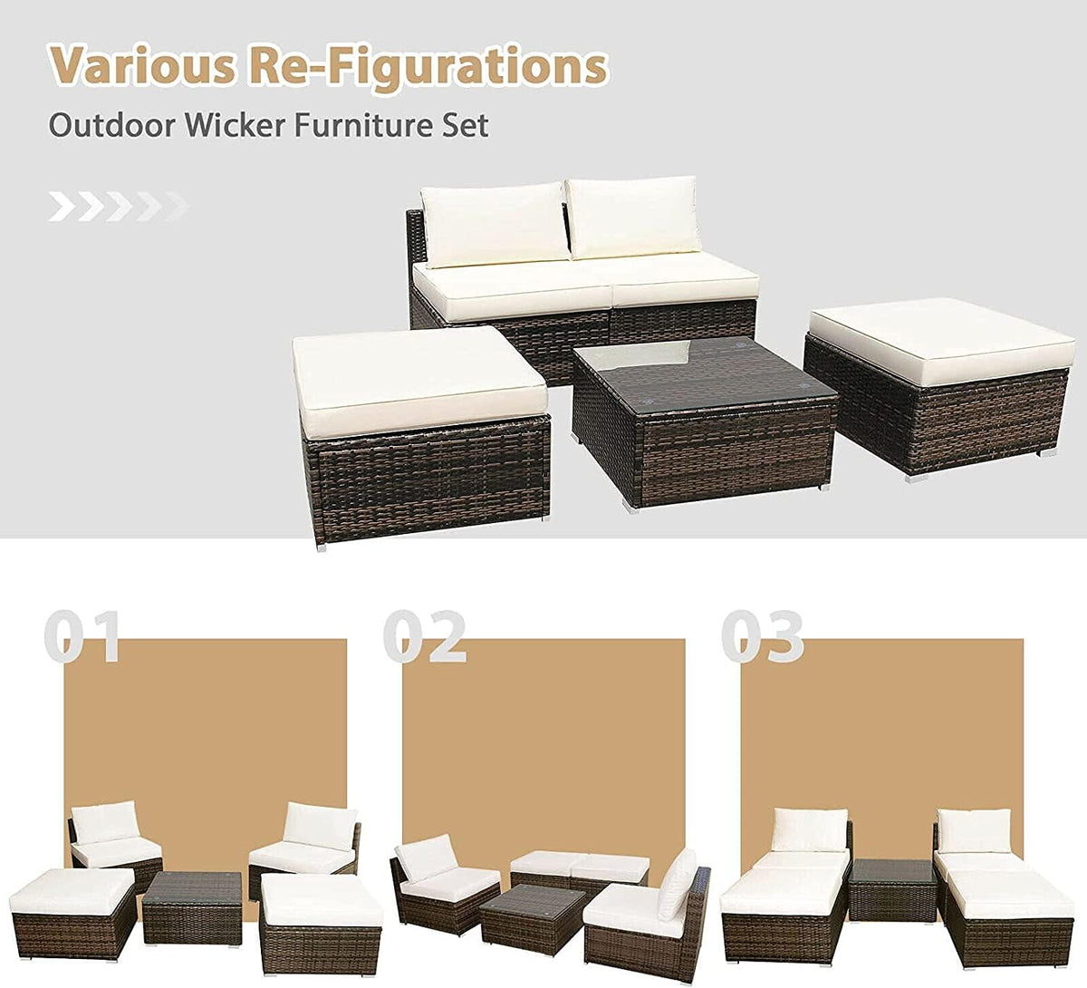 HAPPYGRILL 5 Pieces Chaise Lounge Set with Ottoman & Coffee Table Outdoor Rattan Wicker Lounge Chair Daybed Conversation Sofa Set with Cushions for Garden Balcony Poolside Backyard