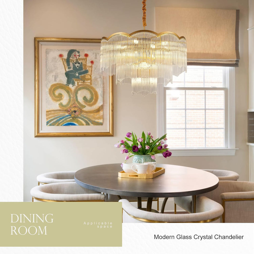 27.75" Gold Clear Glass Crystal Chandelier 14-Light Modern Crystal Pendant Ceiling Light Fixture 4-Tier Luxury Glass Chandeliers,for Dining Room Kitchen Island Living Room Bedroom