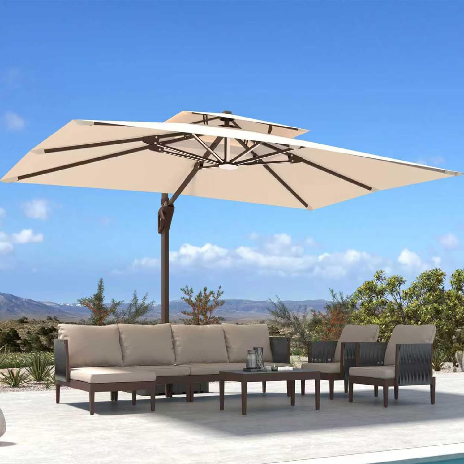 Deconk 10' X 13 'Patio Umbrella with LED Lights Outdoor Cantilever Large Rectangle Offset Umbrellas Heavy Duty Aluminum Double Top with 360-degree Rotation for Pool Garden Deck, Beige