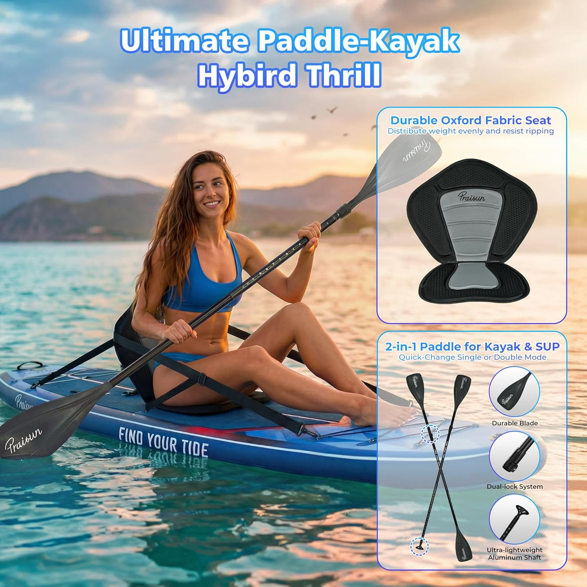 PRAISUN 12' x 35” Inflatable Paddle Board, 450lbs Extra Wide Stand Up Paddleboard for Youth/Adults of All Skill Levels, Stable SUP with Seat & Full Kit, for Fishing, Yoga, Lake & Ocean