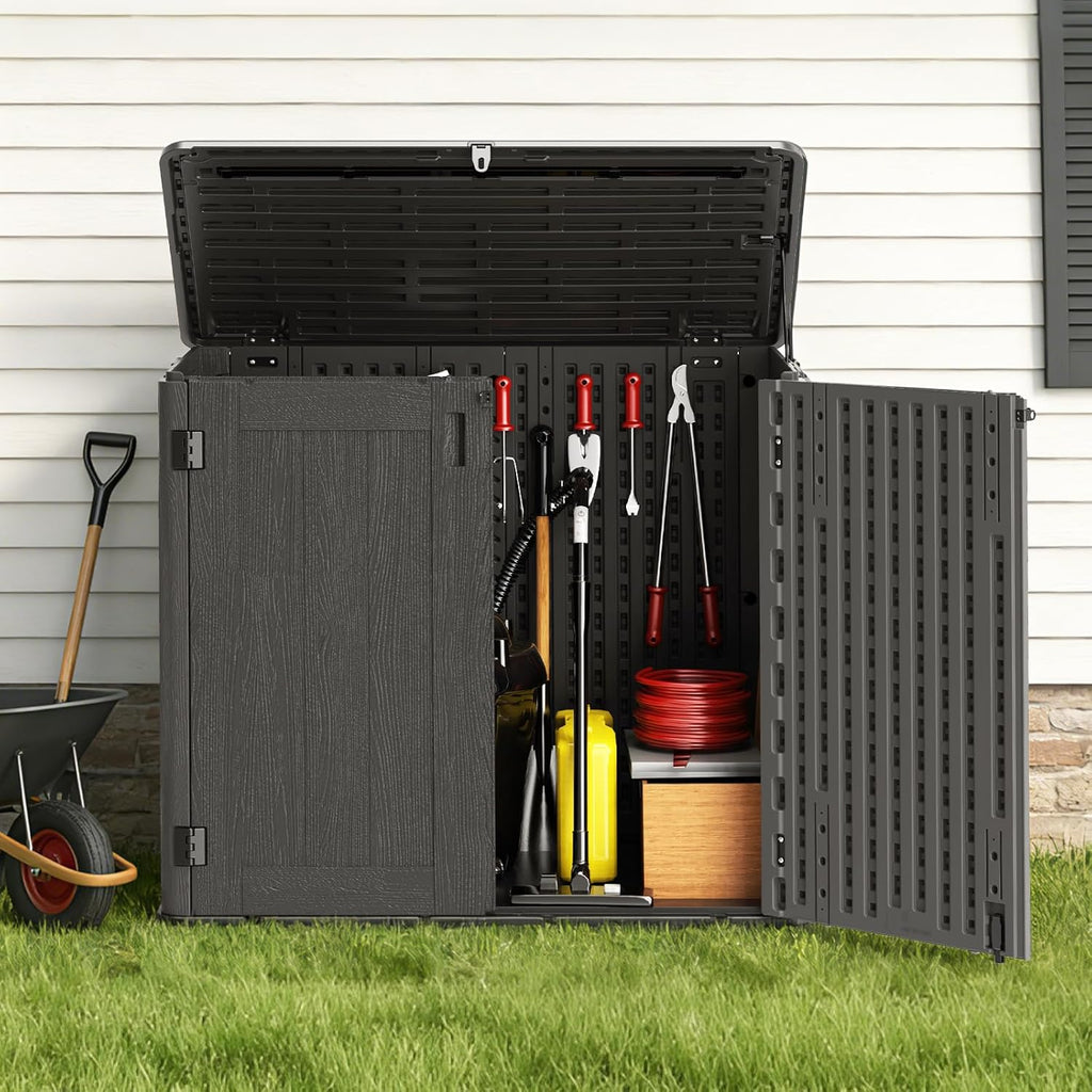 Outdoor Storage Shed, 30 Cu Ft Waterproof Horizontal Resin Storage Cabinet, Weather-Resistant Garden Shed Trash Can Storage with Pad-Lockable Doors for Backyards (Black)