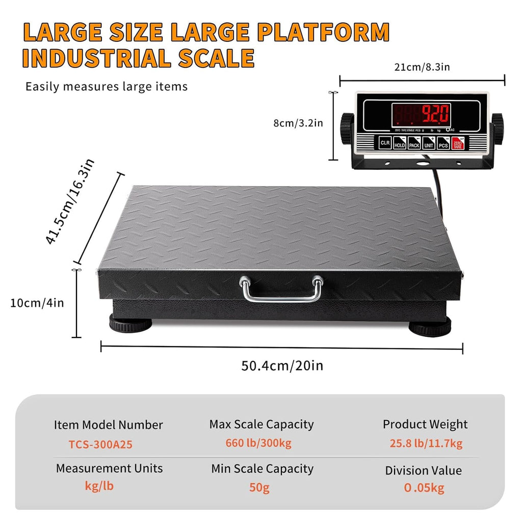 Heavy Duty Postal Scale, 660lb/0.1lb High Accuracy Shipping Scale with Carbon Steel Large Platform, LB/KG, Counting, Tare & LED, Lithium Batteries & Chargers for Small Business Warehouses etc