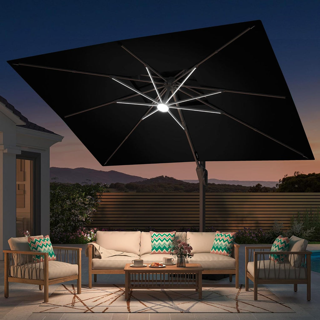 Deconk 10' X 13' Patio Umbrella with LED Lights Outdoor Cantilever Large Rectangle Offset Umbrellas Heavy Duty Aluminum Double Top with 360-degree Rotation for Pool Garden Deck, Black
