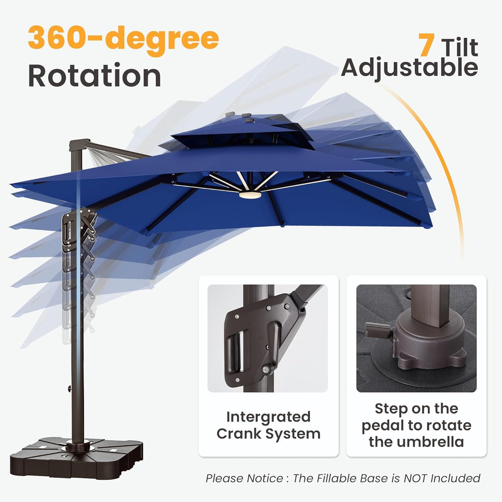 9x12 FT Cantilever Patio Umbrella with Led Lights Double Top Outdoor Rectangular Large Heavy Duty Aluminum Offset Umbrellas with 7 Level Tilt 360-degree Rotation for Pool Garden Deck, Navy