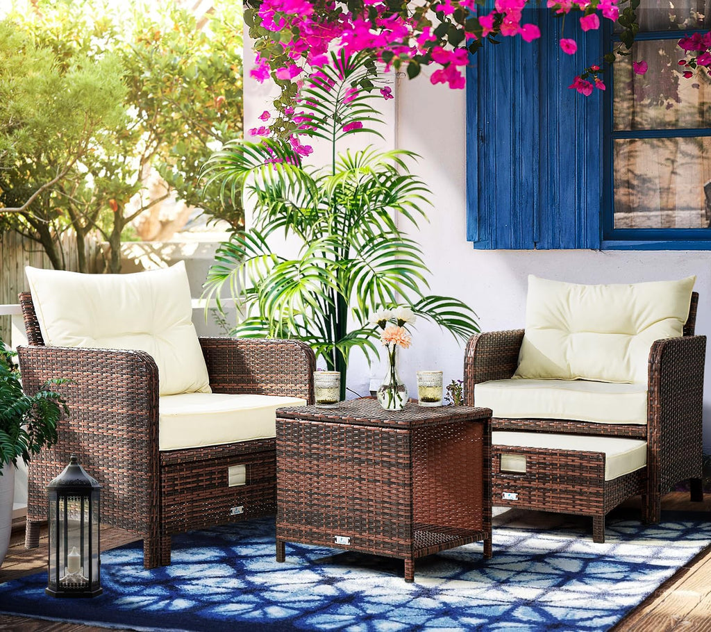Pamapic 5 Pieces Patio Furniture Set, Rattan Balcony Furniture with Ottomans, PE Wicker Outdoor Patio Chairs Set with Coffee Table for Poolside, Porch, Lawn, Garden, Balcony(Beige)