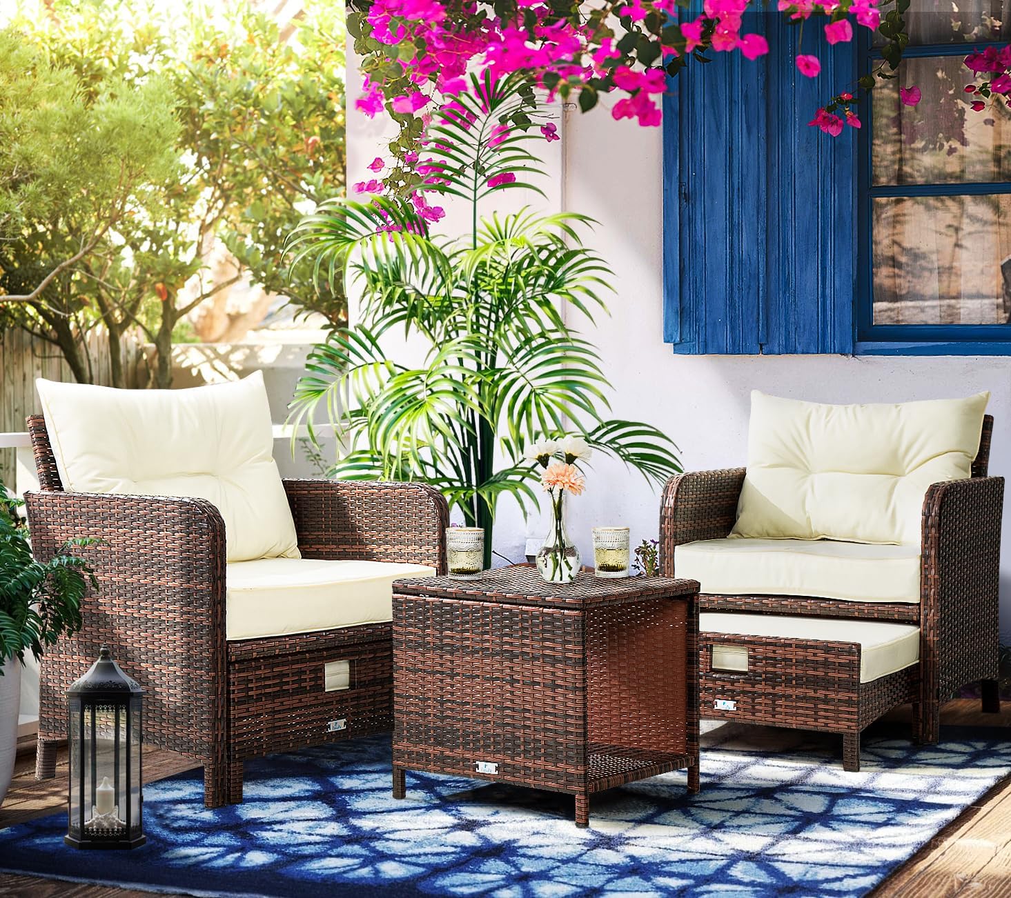 Pamapic 5 Pieces Patio Furniture Set, Rattan Balcony Furniture with Ottomans, PE Wicker Outdoor Patio Chairs Set with Coffee Table for Poolside, Porch, Lawn, Garden, Balcony(Beige)
