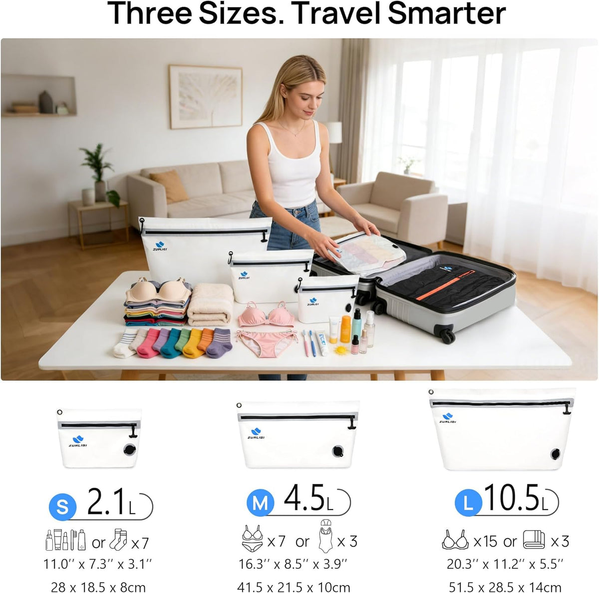 Zurligi Travel Vacuum Bags with Pump, 3 Pack IPX8 Waterproof Reusable & Attachable Vacuum Seal Bags for Clothing, Space Saver for Underwear & Essentials, Suitable for Carry-On Luggage