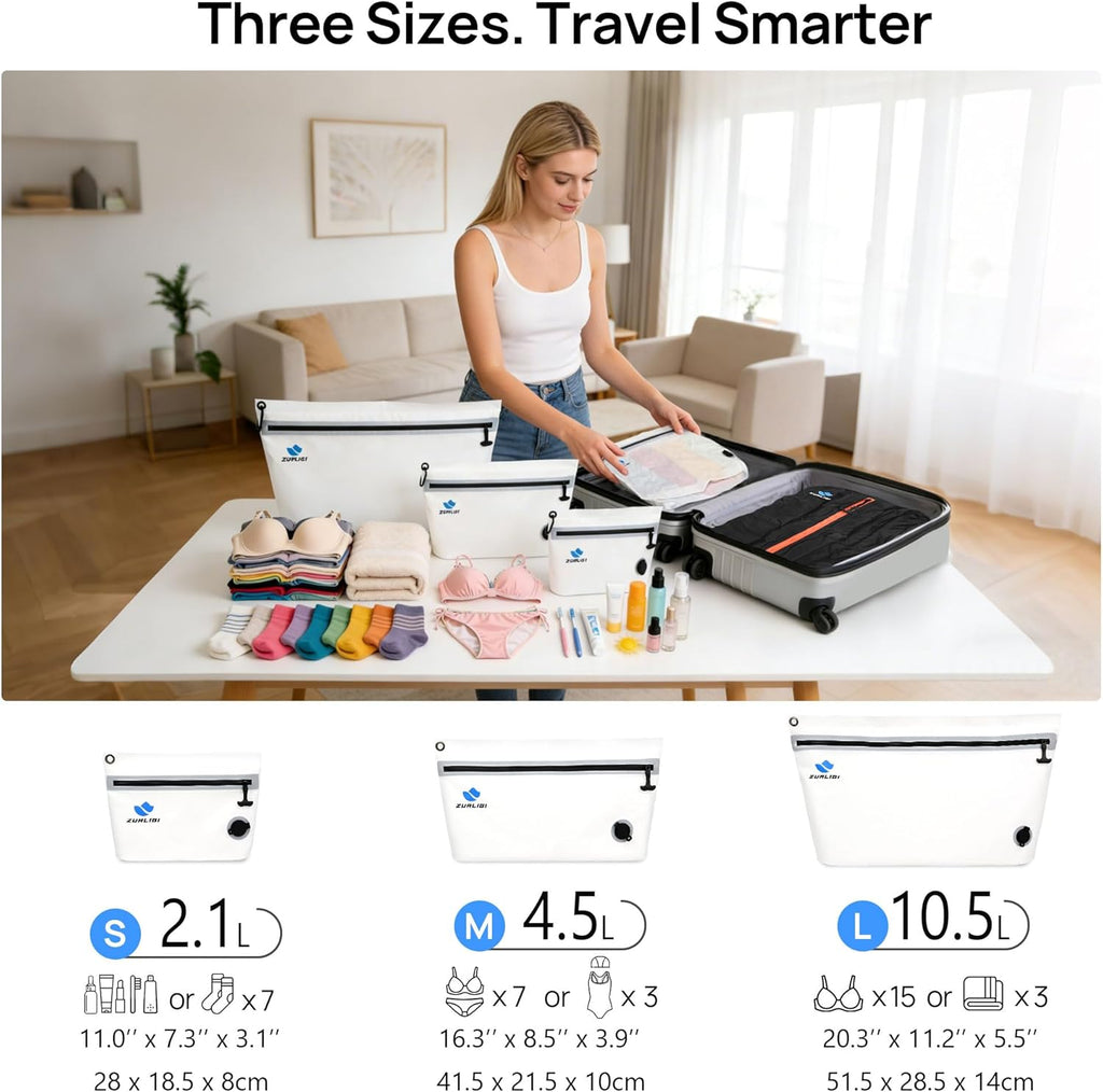 Zurligi Travel Vacuum Bags with Pump, 3 Pack IPX8 Waterproof Reusable & Attachable Vacuum Seal Bags for Clothing, Space Saver for Underwear & Essentials, Suitable for Carry-On Luggage