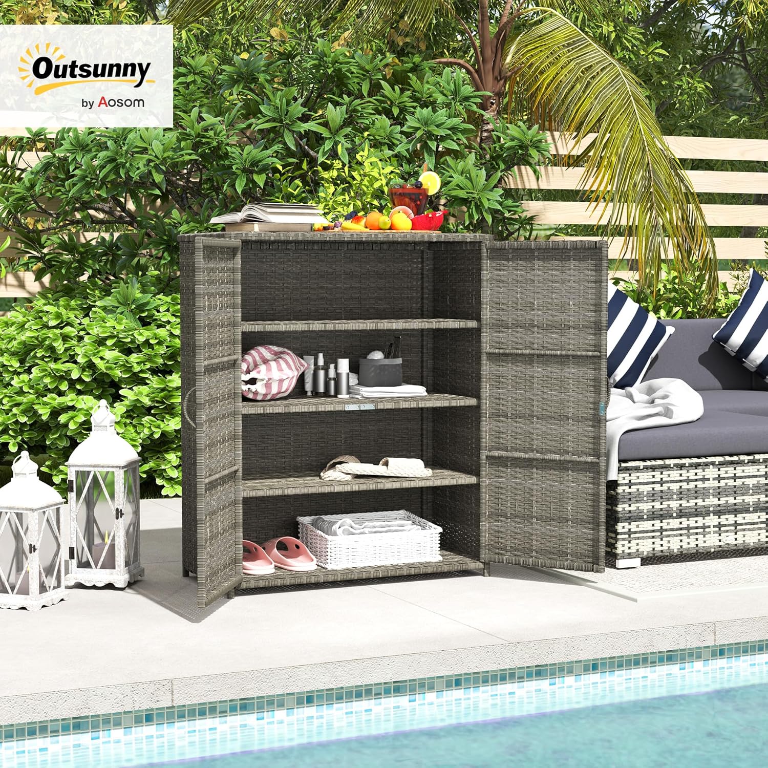 Outsunny Wicker Outdoor Storage Cabinet with Shelves, 4-Shelf Outdoor Pool Towel Cabinet with Two Doors, Rattan Patio Storage Shelves for Garden, Backyard, Porch, Mixed Gray