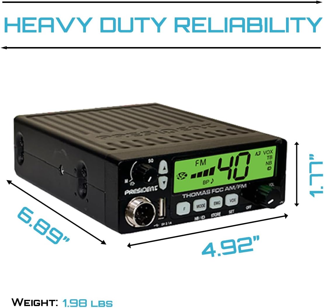 President Thomas FCC AM/FM CB Radio – 40 Channel, VOX Hands-Free, USB Port, ASC, Multi-Color LCD Display – 12/24V Compact Mobile Transceiver for Truckers & Off-Road Communication