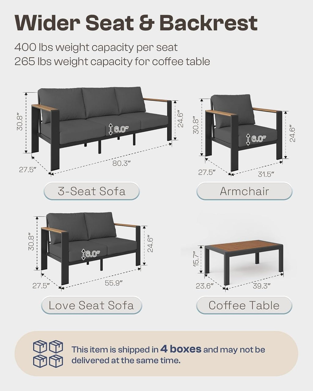 Aluminum Outdoor Patio Furniture Set with Coffee Table, 5 Piece Patio Conversation Sets with Washable Thick Cushions, Outdoor Sectional Furniture Set for Porch, Balcony, Deck, Yard, Graphite