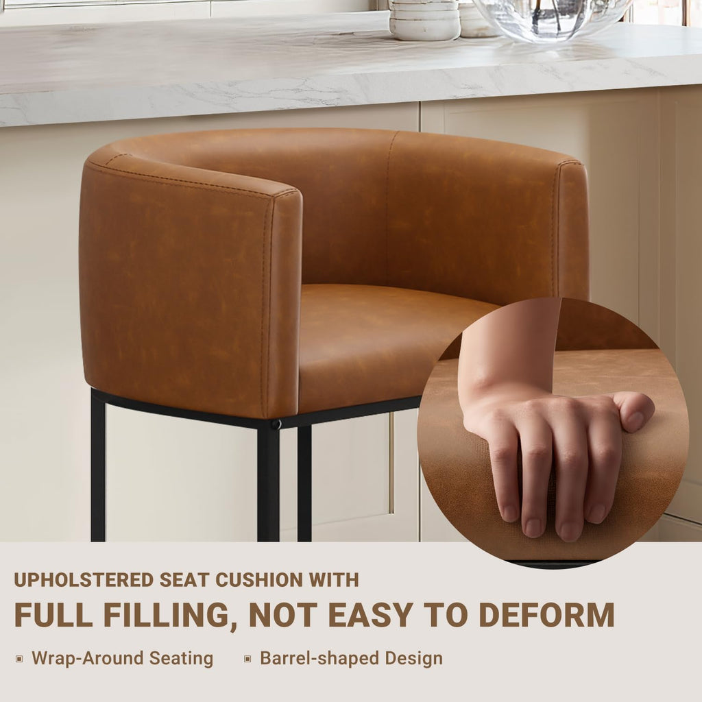 26" H Counter Height Bar Stools Set of 4, Modern Barrel Counter Stools with Backrest and Arms, Faux Leather Upholstered Accent Barstools for Kitchen Island,Support 450 LBS (Walnut Brown