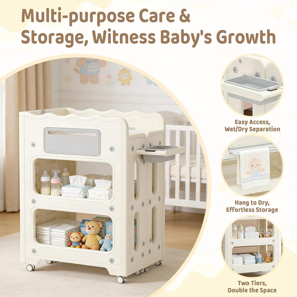 Baby Changing Table, with Lockable Wheels Foldable Portable Diaper Station, Waterproof Nursery Unit for Newborn Infant Essentials Storage Baskets & Cradle Travel-Friendly Easy-Clean Surface Compact