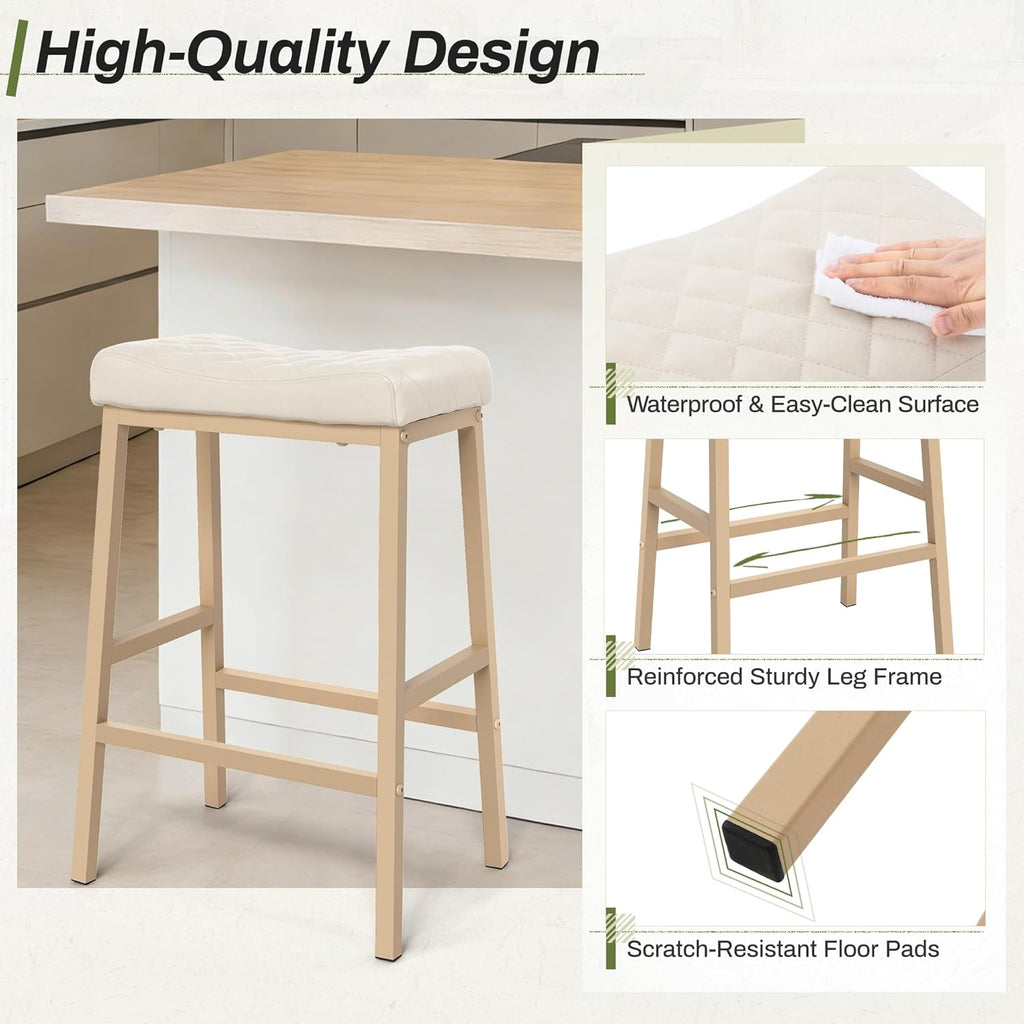 Counter Height Bar Stools Set of 3, Barstools with Thick PU Leather Saddle Seat & Black Metal Legs, 24 Inches Kitchen Counter Stools, Lvory White