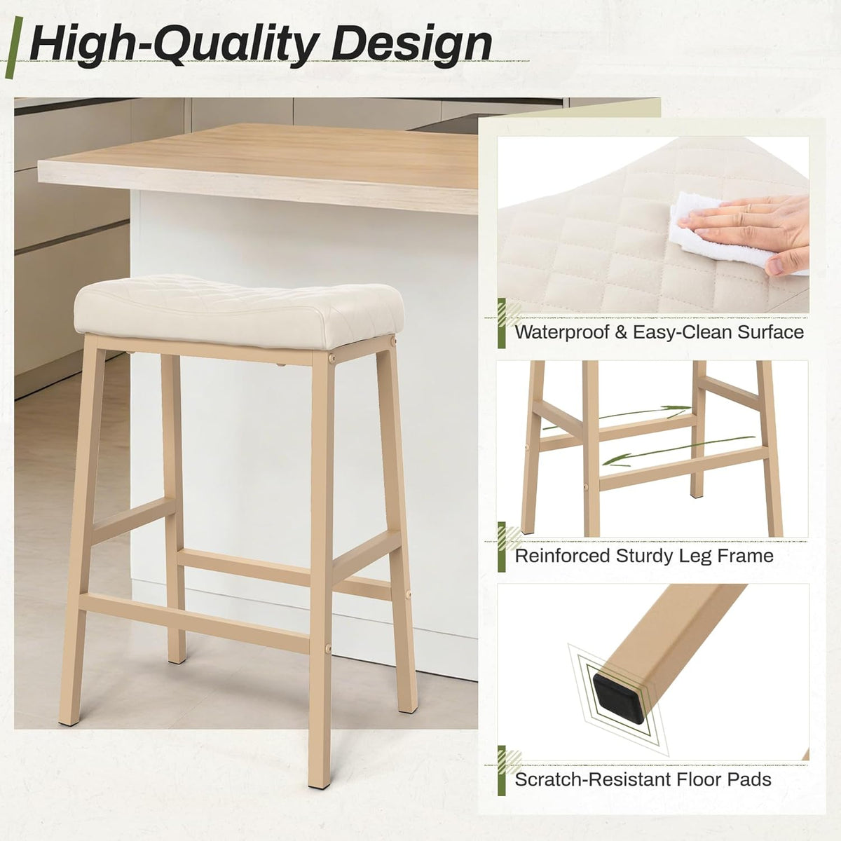 Counter Height Bar Stools Set of 3, Barstools with Thick PU Leather Saddle Seat & Black Metal Legs, 24 Inches Kitchen Counter Stools, Lvory White