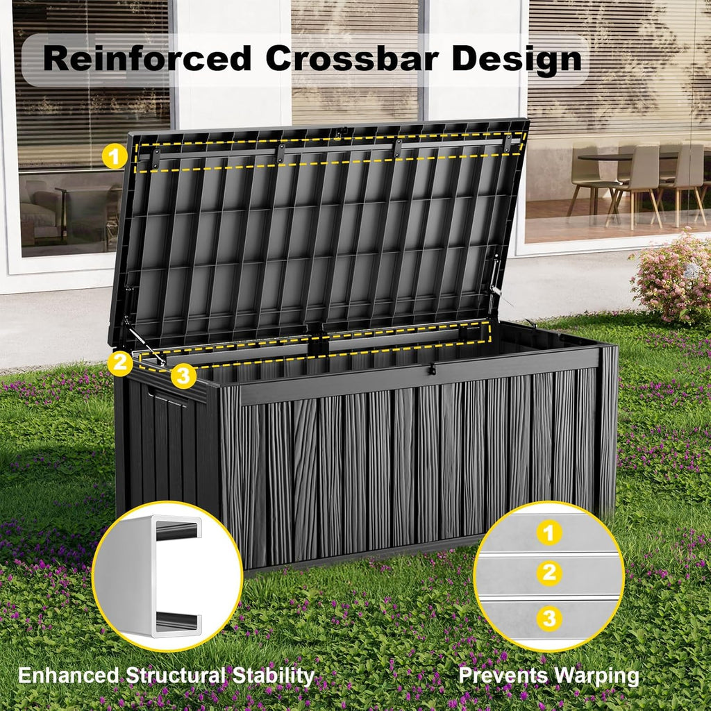 150 Gallon Large Outdoor Storage Box Waterproof, UV Resistant Resin Deck Box with Hydraulic Rod & Lockable Latch for Patio Furniture, Outside Storage Box for Garden Tools, Patio Cushions, Black