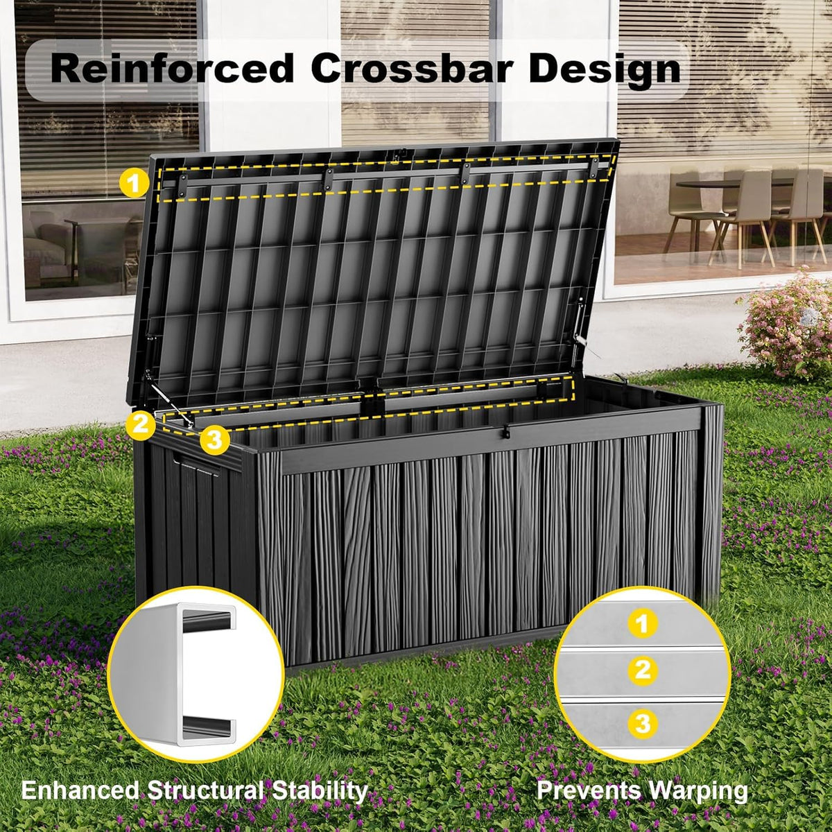 150 Gallon Large Outdoor Storage Box Waterproof, UV Resistant Resin Deck Box with Hydraulic Rod & Lockable Latch for Patio Furniture, Outside Storage Box for Garden Tools, Patio Cushions, Black