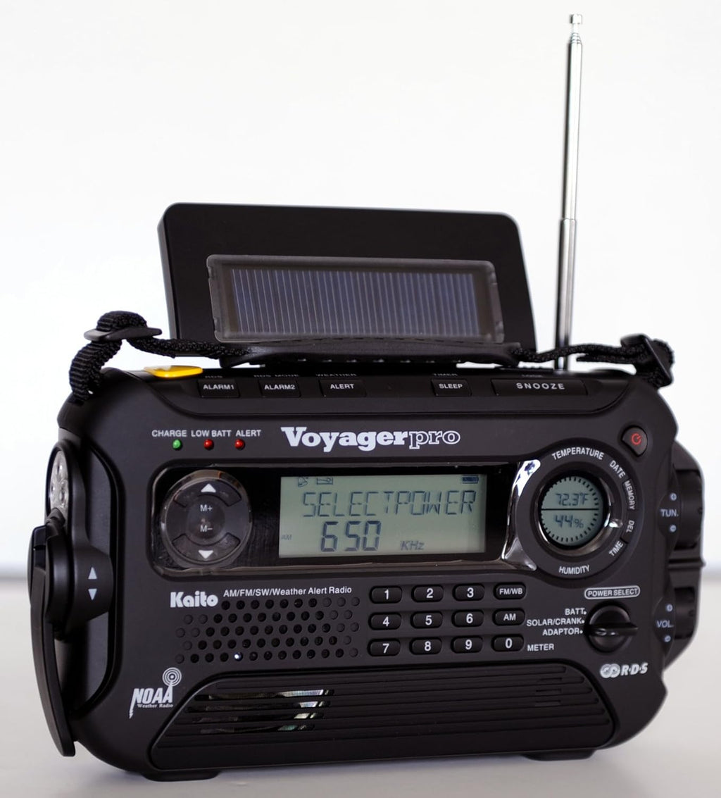 Kaito Voyager Pro KA600 Digital Solar Dynamo Hand Crank AM/FM/LW/SW & NOAA Weather Emergency Radio with Flashlight, Reading Lamp,Smart Phone Charger & RDS and Real-Time Alert, with AC Adapter, Black