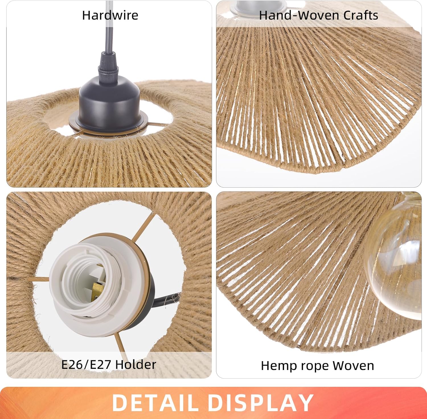 Arturesthome 25.5" Boho Twine Pendant Lamp Shade,Large Woven Hanging Lighting for Living Room Bedroom Adjustable Modern Chandelier for Kitchen Hallway