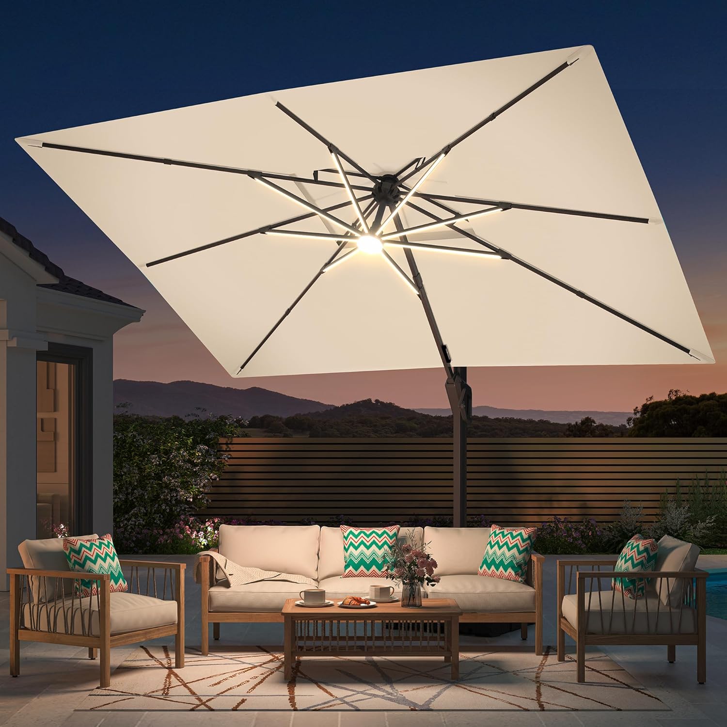 Deconk 9' X 12' Patio Umbrella with LED Lights Outdoor Cantilever Large Rectangle Offset Umbrellas Heavy Duty Aluminum Double Top with 360-degree Rotation for Pool Garden Deck, Beige