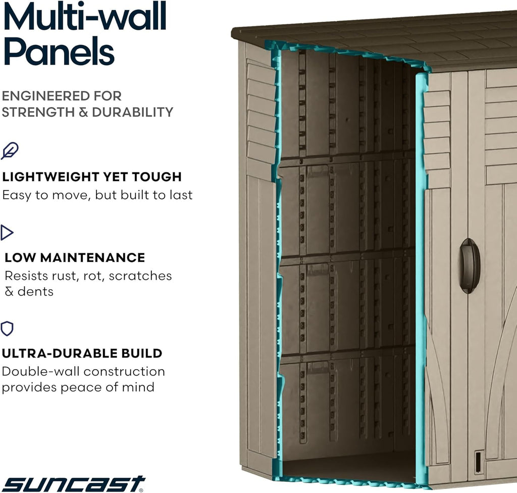Suncast Outdoor Storage Shed, Water Resistant Resin Vertical Outdoor Storage Cabinet for Patio, Garden Tools, Cushions, & Equipment, Weatherproof Multi-Wall Design, 54 cu. ft., Made in USA
