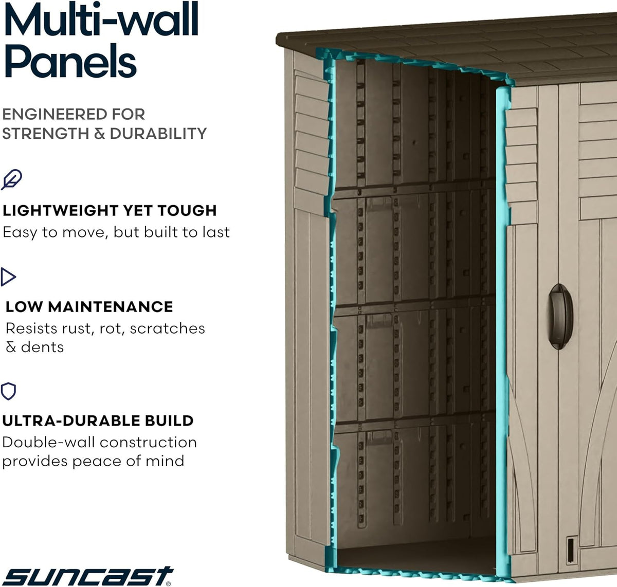 Suncast Outdoor Storage Shed, Water Resistant Resin Vertical Outdoor Storage Cabinet for Patio, Garden Tools, Cushions, & Equipment, Weatherproof Multi-Wall Design, 54 cu. ft., Made in USA