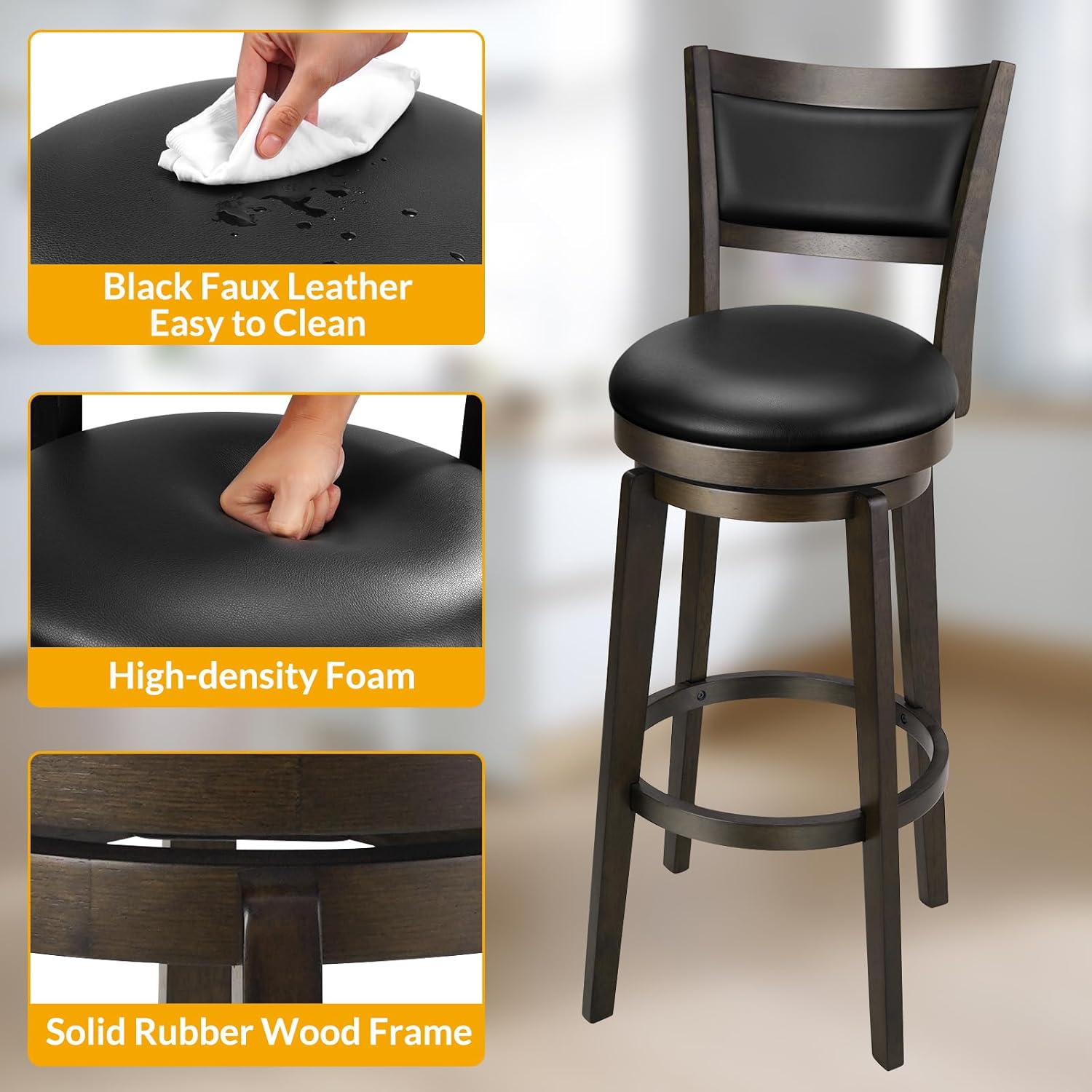 PrimeZone Swivel Bar Stools Set of 2, 32 Inch Tall Bar Height Barstools, Black Faux Leather Bar Stool with High Backrest & Solid Wood Legs & Wrap-Around Footrest, Counter Stools for Pub