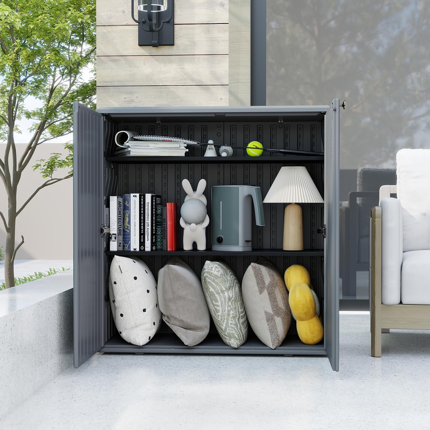 HOMSPARK Indoor/Outdoor Storage Cabinet with Doors and Shelf, 34”x15”x36” HDPE Plastic Storage Box Waterproof for Patio, Garden, Balcony, Multi-Purpose for Daily Tools, Grey