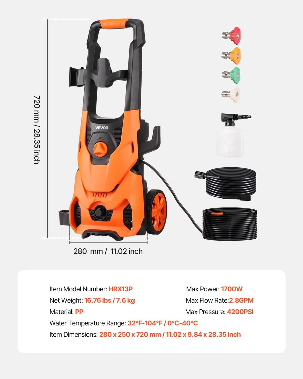 VEVOR Electric Pressure Washer, Max 4200 PSI 2.8 GPM, High-Power Cleaner with Foam Cannon & 4 Nozzles for Driveways, Cars, Fences, Patios, Home Cleaning